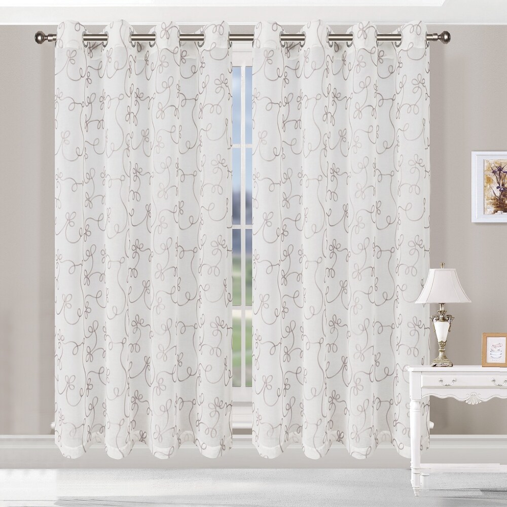 Superior Bohemian Floral Scroll Sheer Curtain Set with 2 Panels