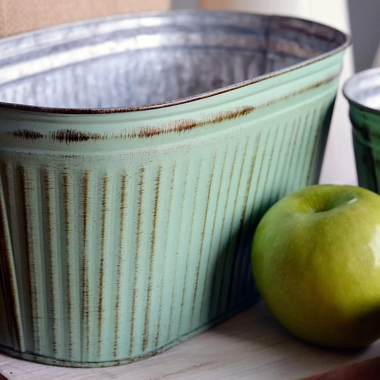 French Country Style Rectangular Oval Flowerpot Old Chic Light Green Russet Galvanized Corrugated Details