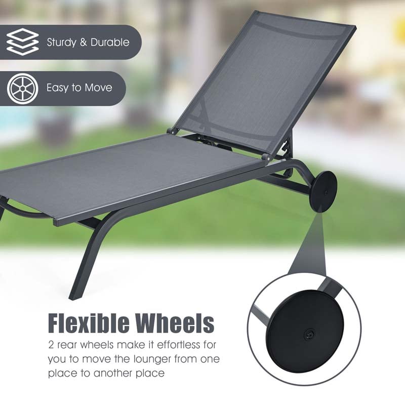 Aluminum Patio Chaise Lounge Chair with Wheels, 6-Position Fabric Outdoor Sun Lounger for Pool Beach Deck Yard