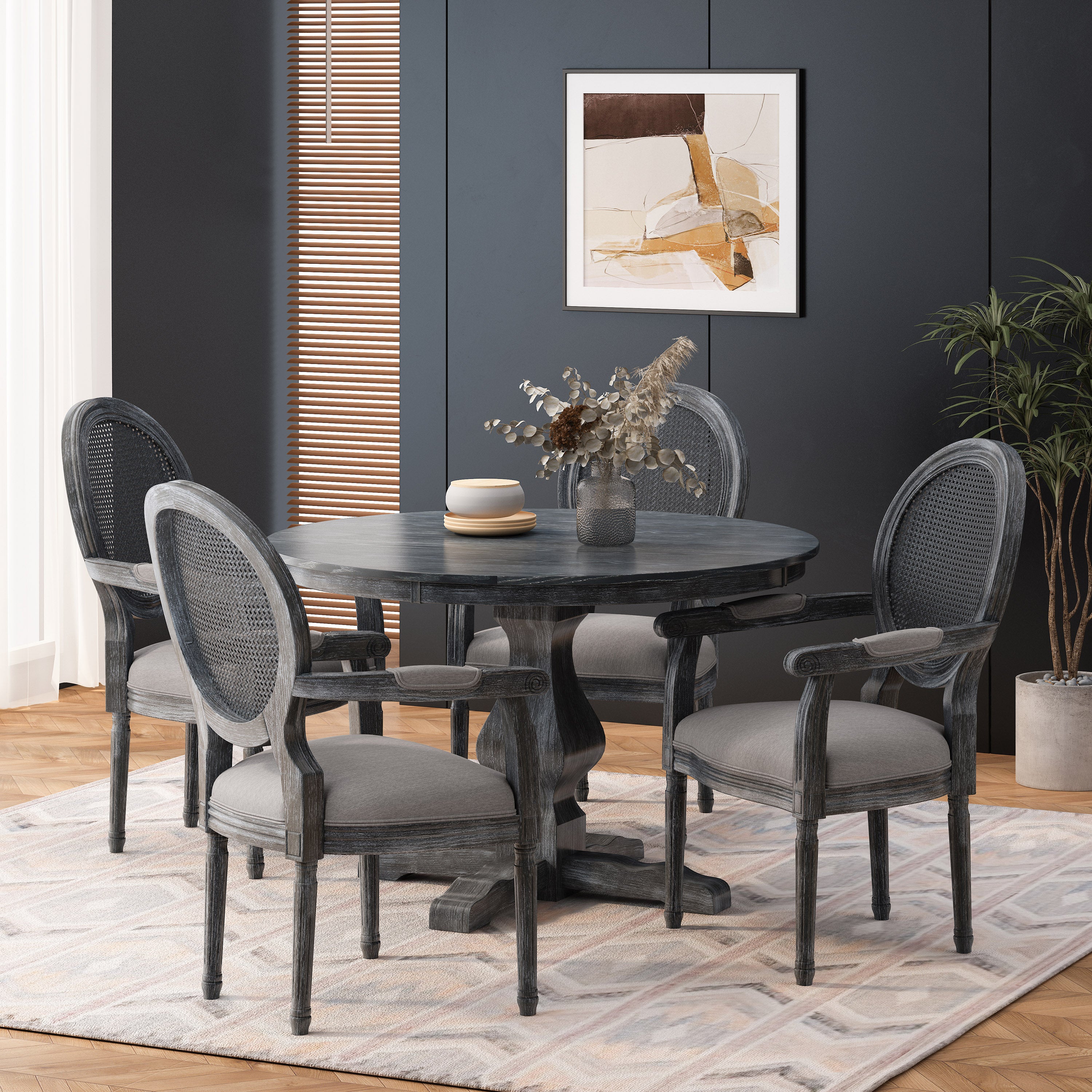 Bryan French Country Fabric Upholstered Wood and Cane 5 Piece Circular Dining Set