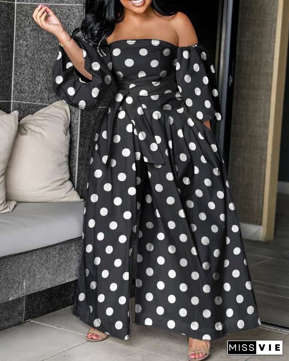 Off Shoulder Polka Dot Lantern Sleeve Wide Leg Jumpsuit