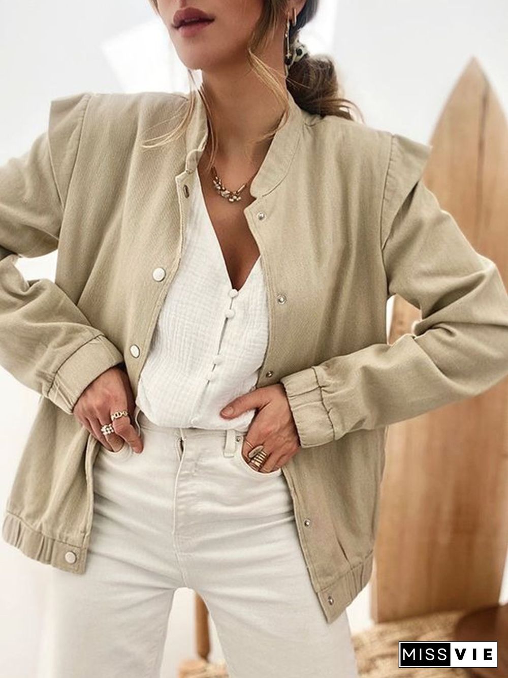 Casual Plain Loose Crew Neck Jacket