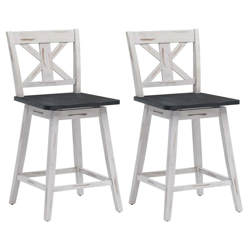 2-Pack Vintage 360° Swivel Bar Stools, Rubber Wood Counter Height Chairs with Non-Slip Foot Pads