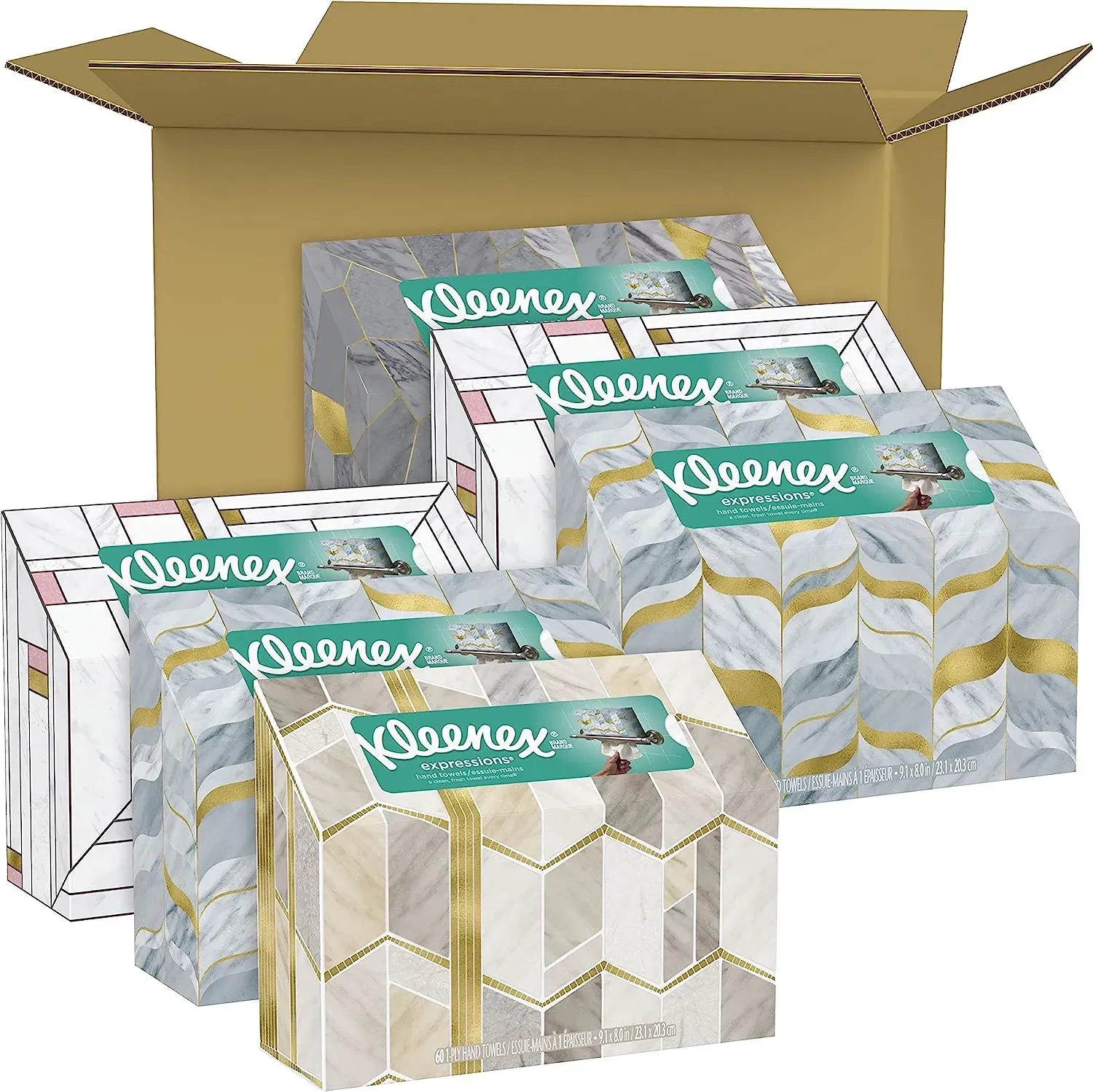 Kleenex Expressions Disposable Paper Hand Towels, 6 Boxes, 60 Towels per Box (360 Total Hand Towels), Packaging May Vary