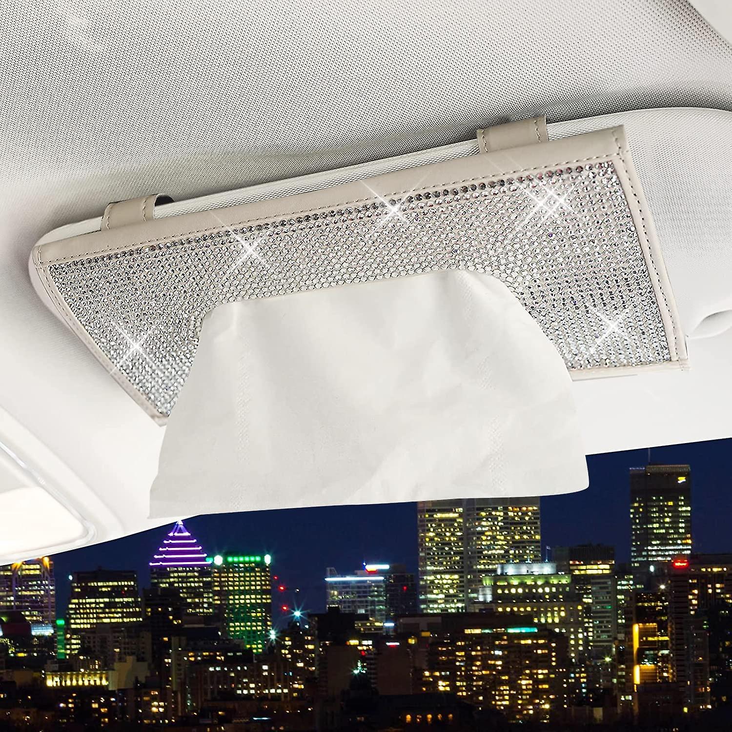 Bling Bling Car Sun Visor Tissue Box Holder，crystal Sparkling Napkin Holder，pu Leather Backseat Tissue Case Car Accessories For Women， Beige