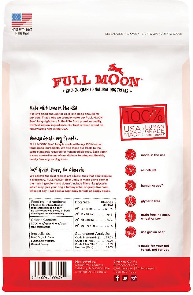 Full Moon Beef Jerky Human-Grade Dog Treats， 11-oz bag