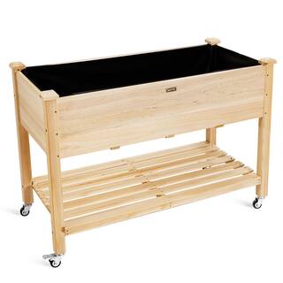 HONEY JOY Wood Elevated Garden Bed with Storage Shelf Wheels and Liner Suitable for Vegetable Flower Herb TOPB004699