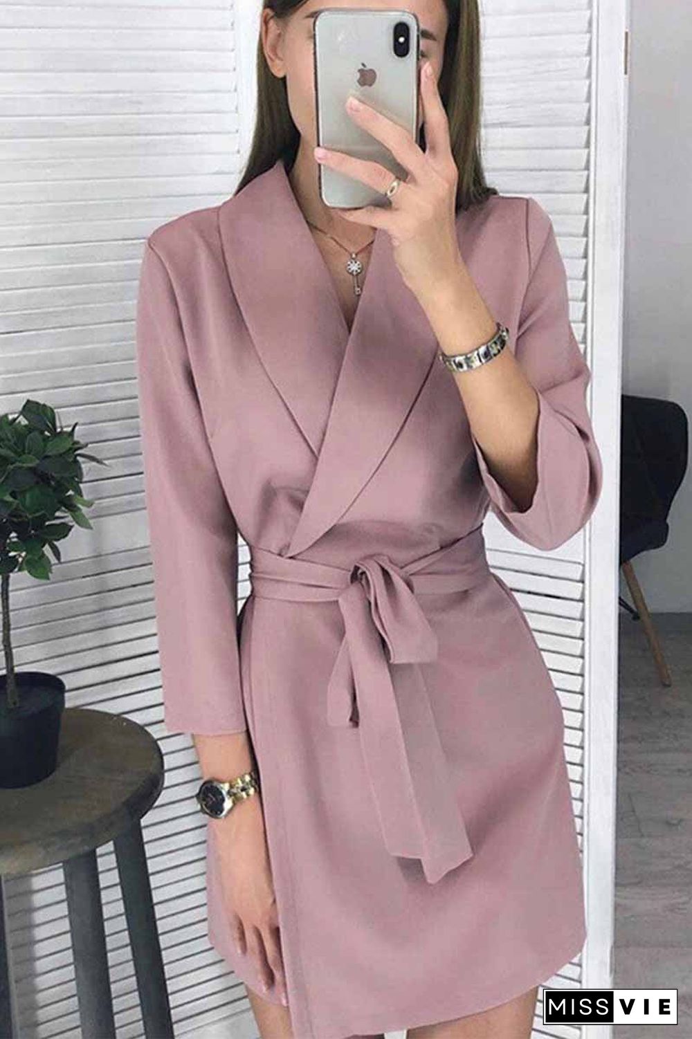 Solid Color Long Sleeve Suit Collar Mini Dresses(3 Colors)