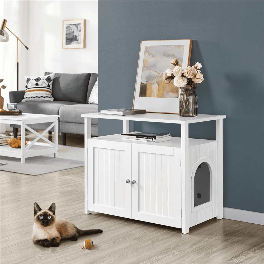 SmileMart Wooden Cat Litter Box Enclosure End Table White