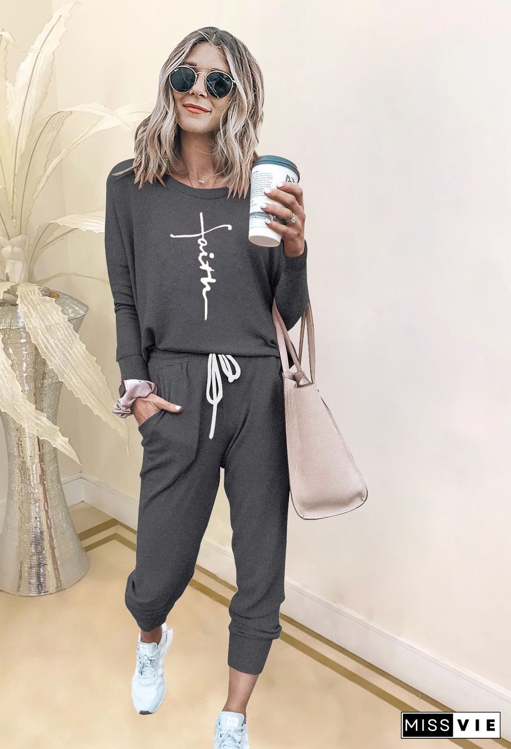 Casual Long Sleeve T Shirt Lounge 2 Piece Pants Set