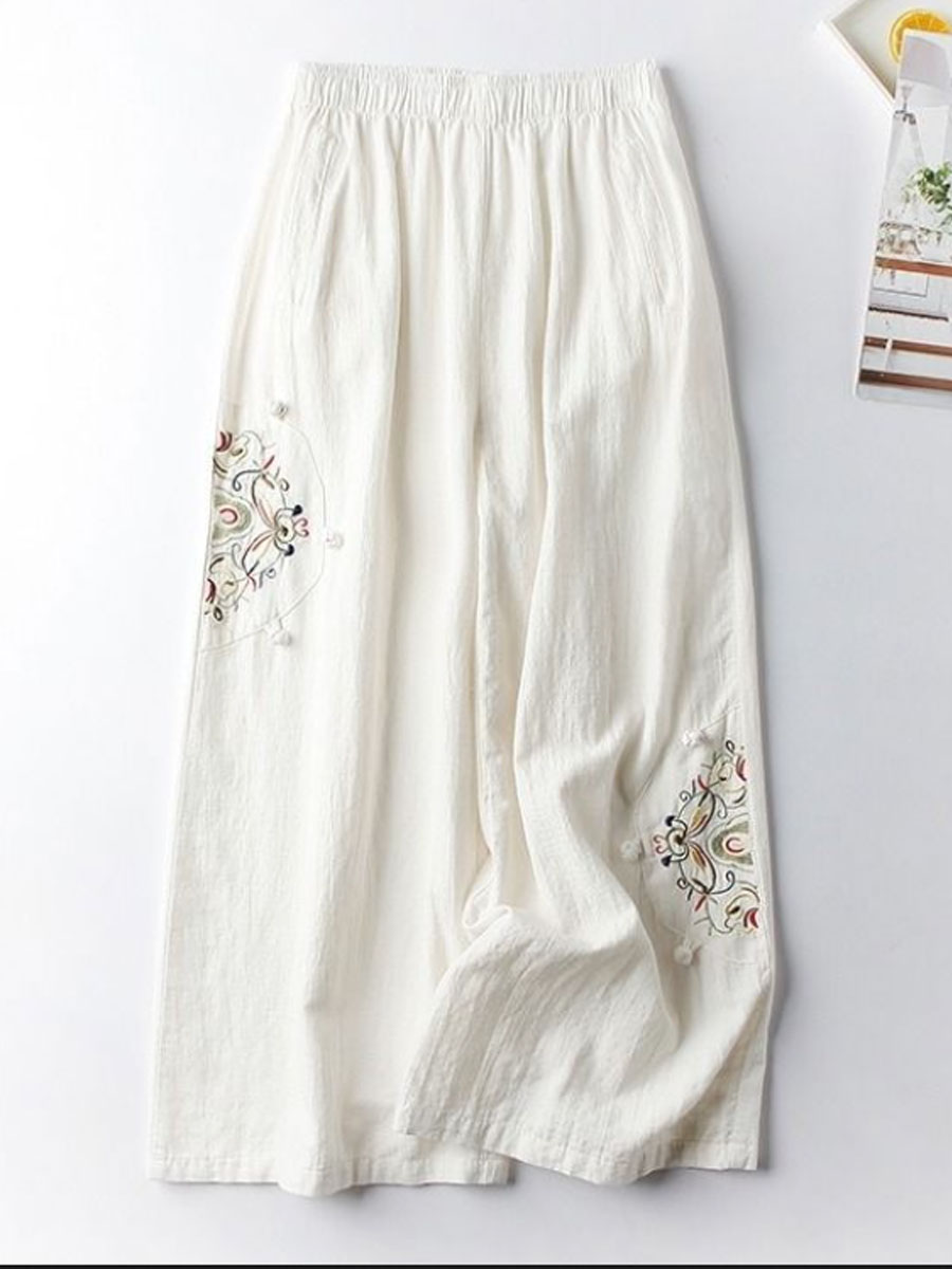 Casual Loose Embroidered Elastic Waist Pants