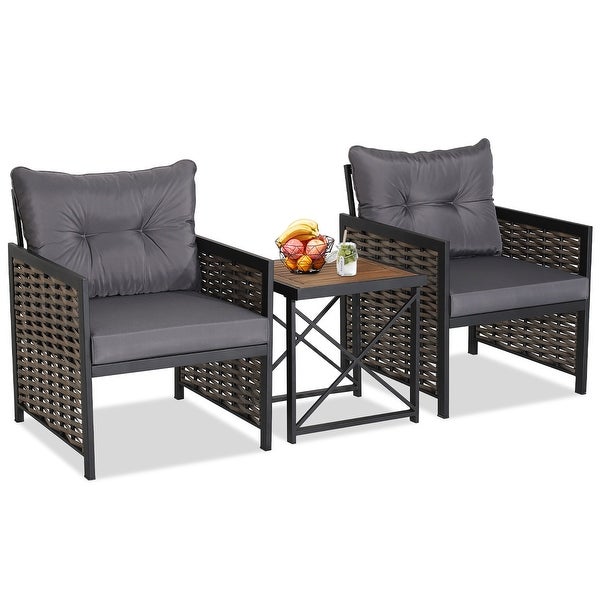 3 PCS Patio Rattan Furniture Set Acacia Wood Coffee Table and 2 Chairs - Overstock - 37842967