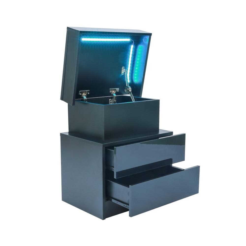 LED Nightstand Modern Black Nightstand with Led Lights with 2 High Gloss Drawers