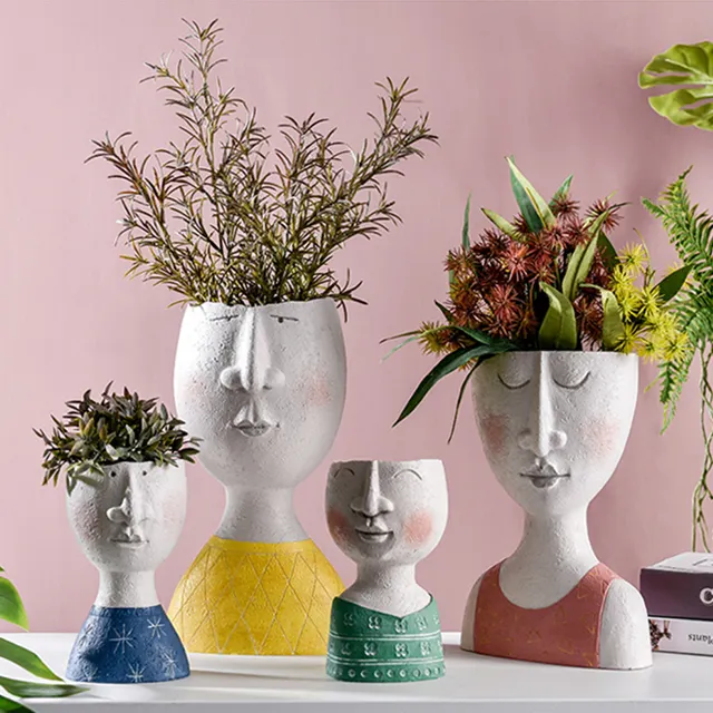 OEM art portrait face head garden supplies flowerpot resin planter human face flower pots unique vase decoration