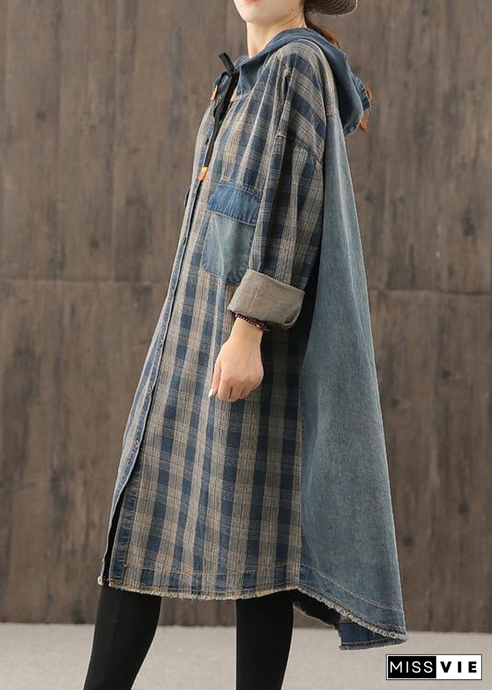 Vivid denim blue plaid Tunic hooded Button Down Plus Size Dress