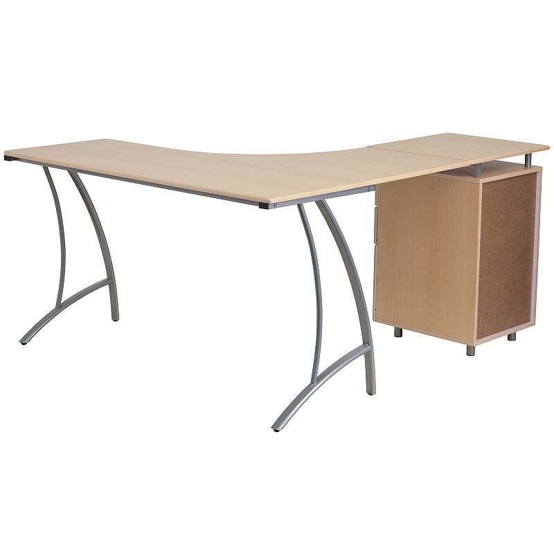 Emma and Oliver Beech Laminate L-Shape Desk with Three Drawer Pedestal