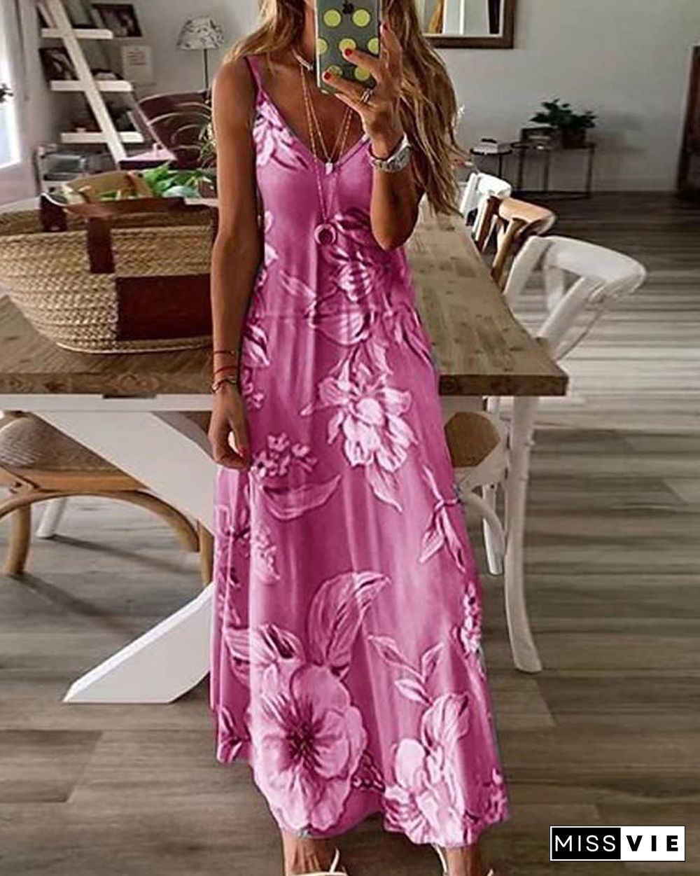 Women's Maxi long Dress - Sleeveless Floral Print Summer V Neck Hot Holiday Beach Slim  Fuchsia Sky Blue Light gray Light Green Light Blue Light Pink S M L XL XXL