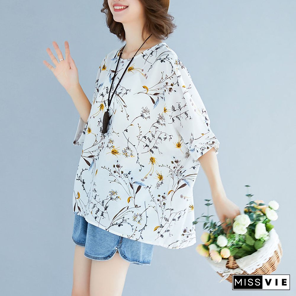 Summer White Print Silk Tops Plus Size Tie Bust Short Sleeve T Shirt