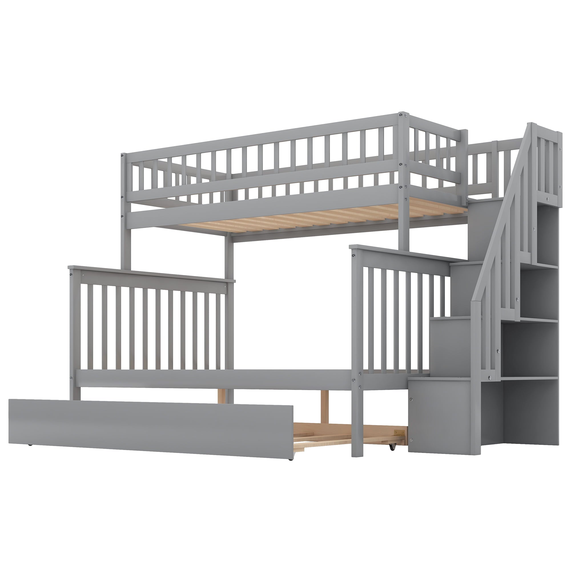 Euroco Twin Over Full Bunk Bed with Trundle and Stairs for Kids, Gray