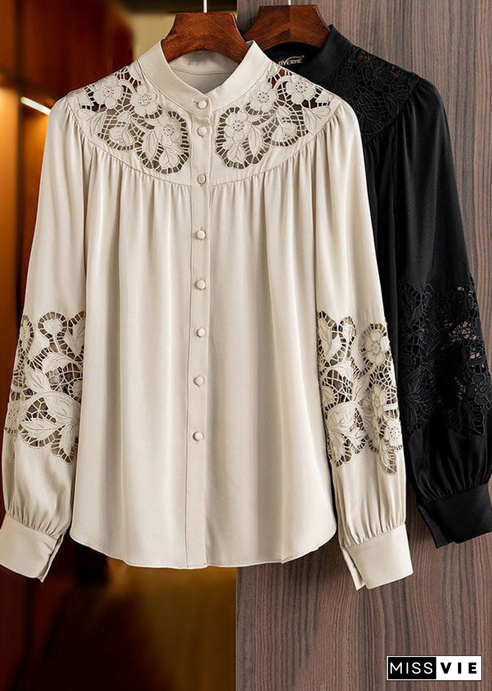 Style Apricot Stand Collar Embroideried Hollow Out Chiffon Shirt Long Sleeve