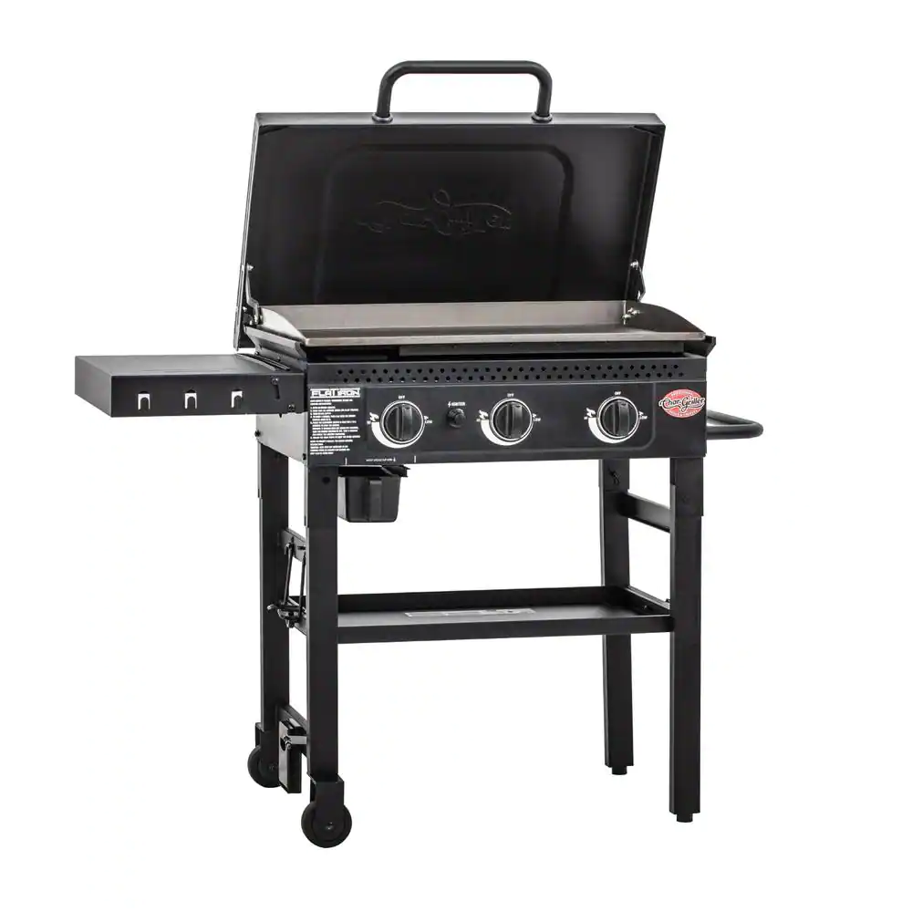 Char-Griller E8428 Flat Iron 3-Burner Outdoor Griddle Gas Grill with Lid in Black