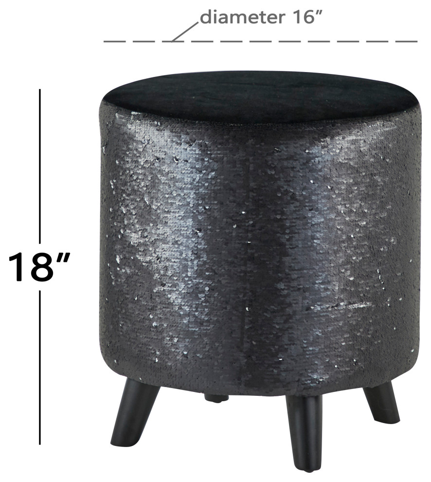 Polyester Silver And Black Sequin Accent Stool With Wooden Legs  16 quotX 17 quot  Midcentury   Vanity Stools And Benches   by Brimfield  ampMay  Houzz