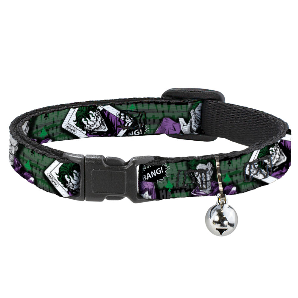 DC Comics Cat Collar， Breakaway Collar with Bell， Joker Poses Joker Card Haha Smile Bang Gray Green Purple， 8.5 to 12 Inches 0.5 Inch Wide