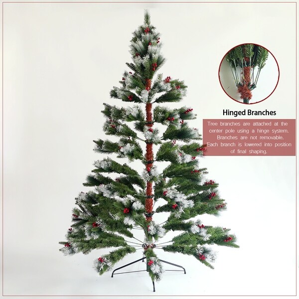 Green UltraRealistic Flocked Pine 7.5ft Christmas Tree with Cones and Red Berries，Festive Home Decor