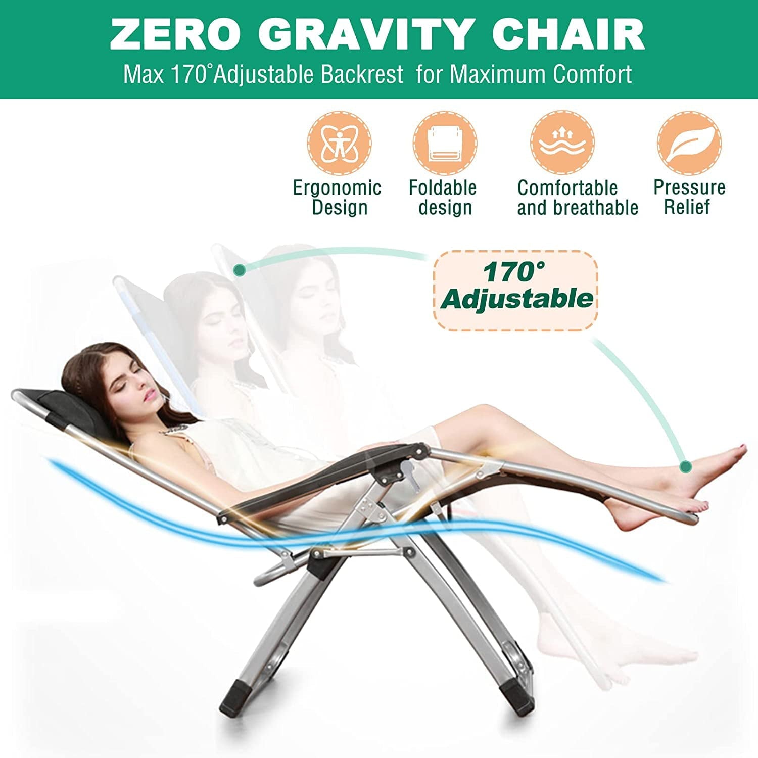 Zero Gravity Chair 2 Pack, Lounge Chair with Removable Pad & Cup Holder for Indoor and Outdoor, Folding Reclining Chair Set of 2 for Adults