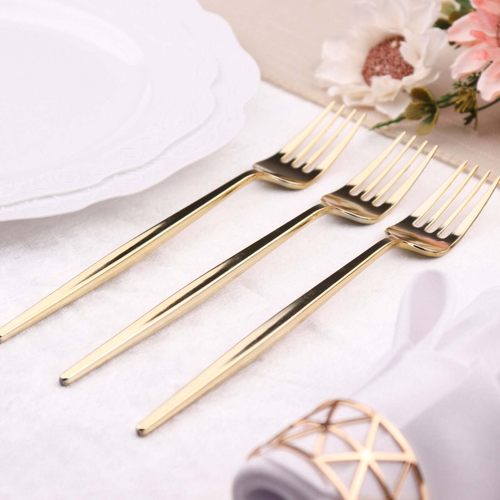 24 Pack Glossy Gold Heavy Duty Plastic Silverware Forks Cutlery, Premium Disposable Sleek Flatware 8