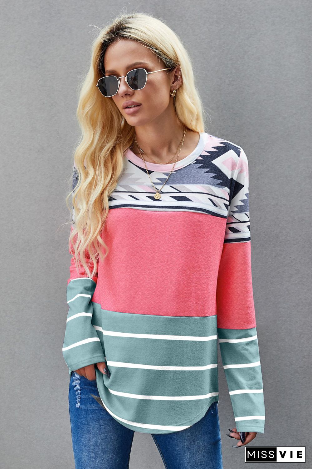 Pink Tribal Striped Long Sleeve T-shirt