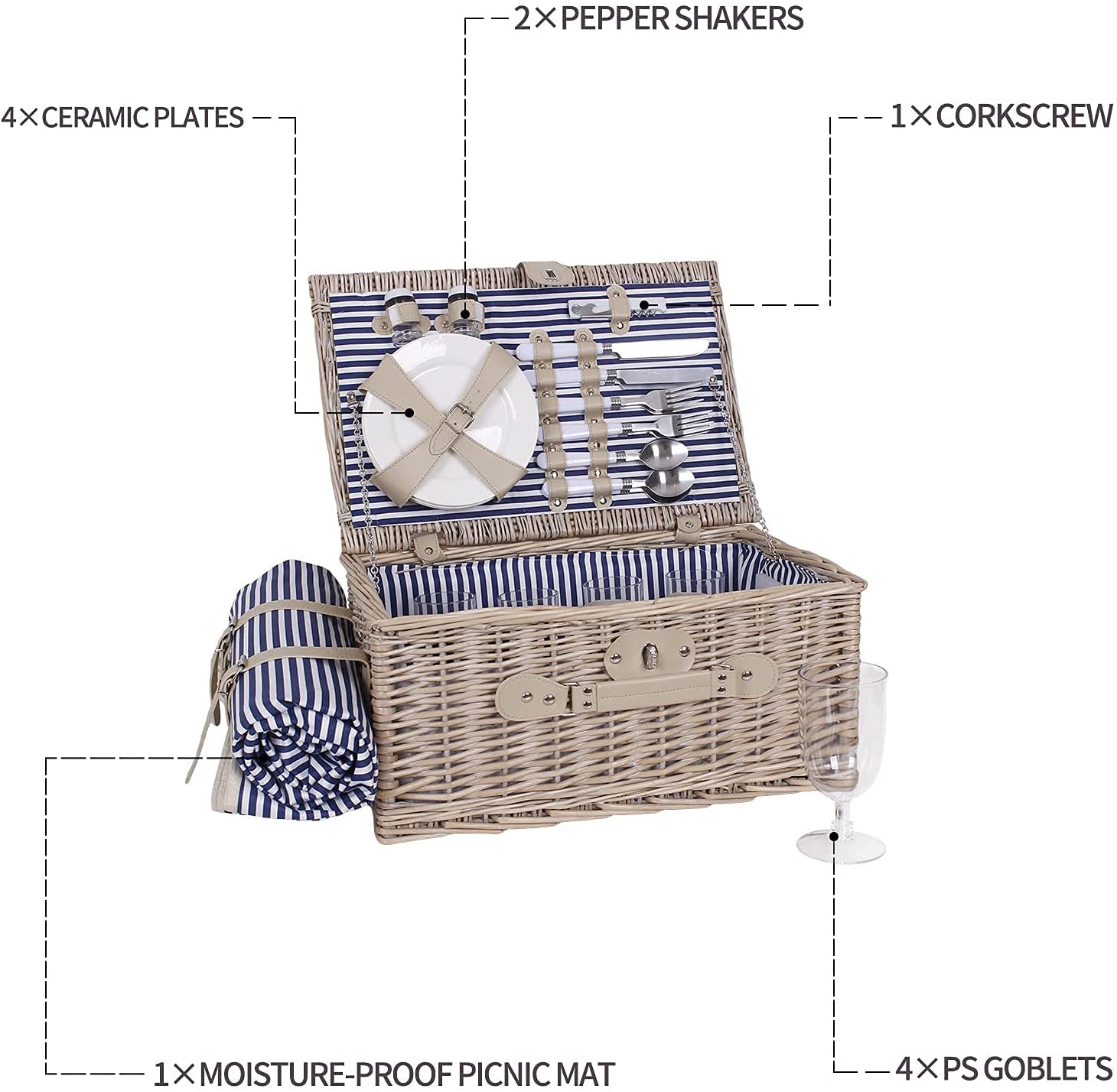 Picnic Basket for 4 Persons， Wicker Picnic Hamper Set with Waterproof Picnic Blanket， Cutlery Service Kit for Camping， Outdoor， Chirtmas， Thanks Giving， Birthday