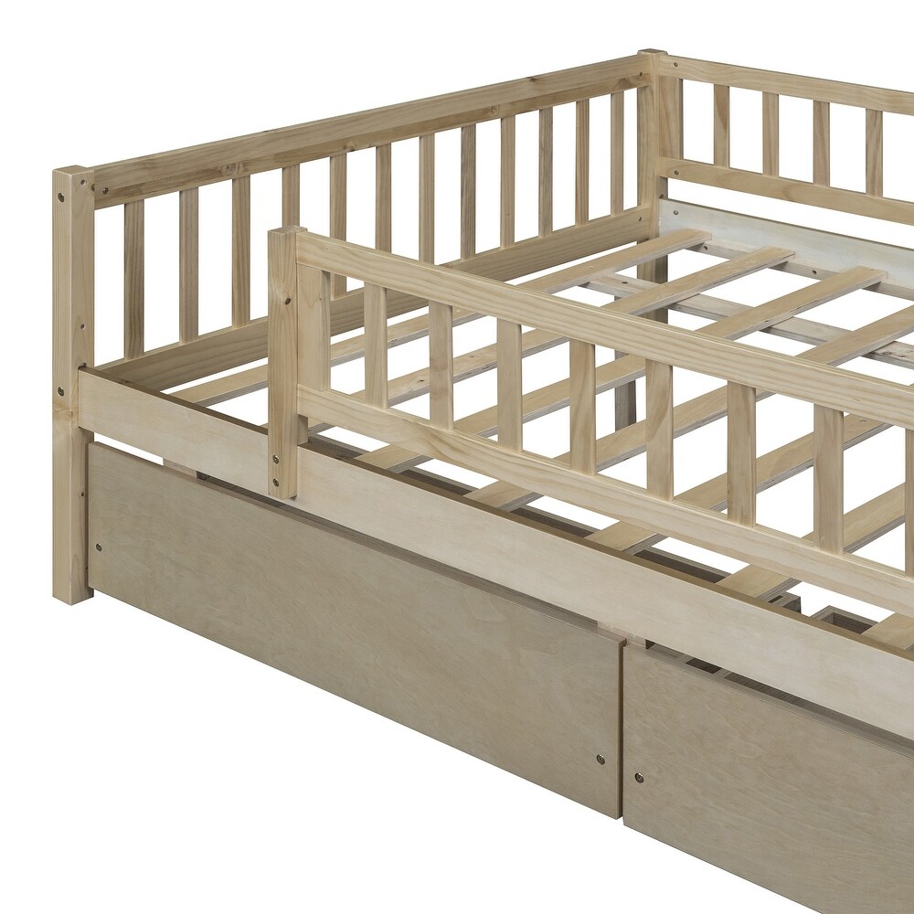 Full Size Daybed Platform Bed Wood Sofa Bed with 2 Storage Drawers and Safey Rail for Kids Bedroom