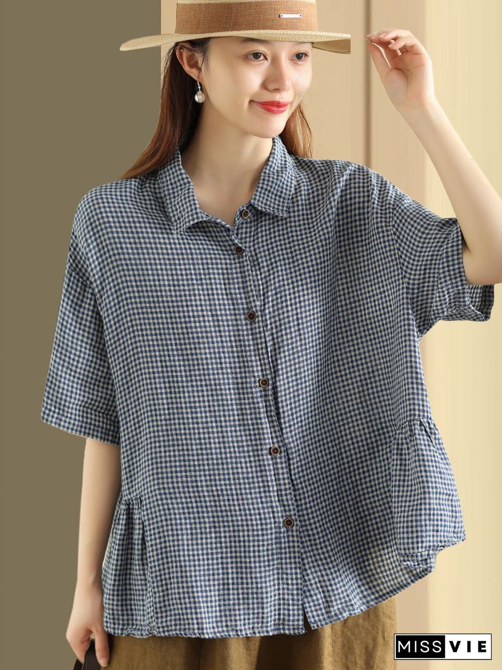 Plus Size Women Summer Casual Plaid Button Cardigan Linen Shirt