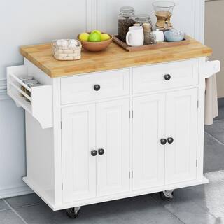 Whatseaso 43.31 in. Kitchen Island with Two Storage Cabinets and Two Locking Wheels in White LQ-110511114