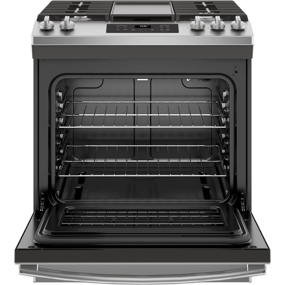 GE 30 in. 5.3 cu. ft. Slide-In Gas Range in Stainless Steel with Griddle JGSS66SELSS