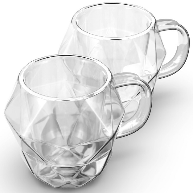 Elle Decor Insulated Coffee Mug Set Of 2 Double Wall Diamond Shaped Glasses Tea Cups Glass Coffee Mugs Clear