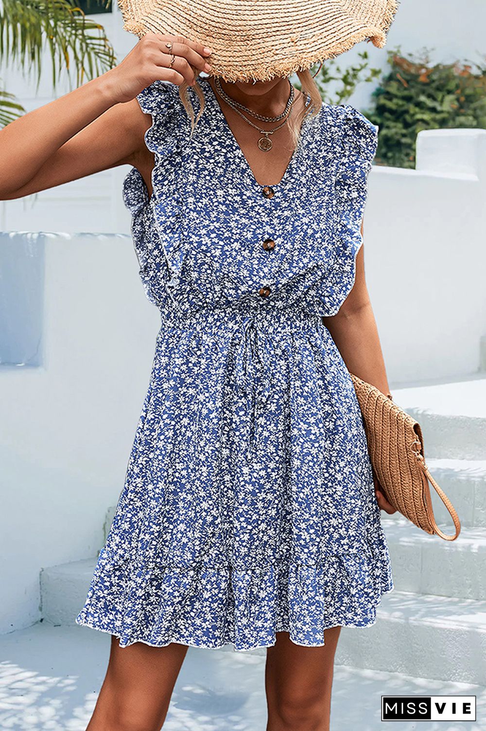 V Neck Button Sleeveless Ruffle Floral Dress