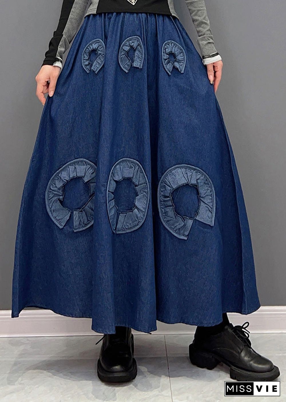 Retro Blue Print Elastic Waist Denim Skirts Spring