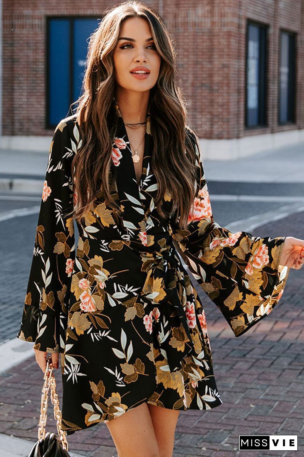 Black Palazzo Floral Ruffle Wrap Dress