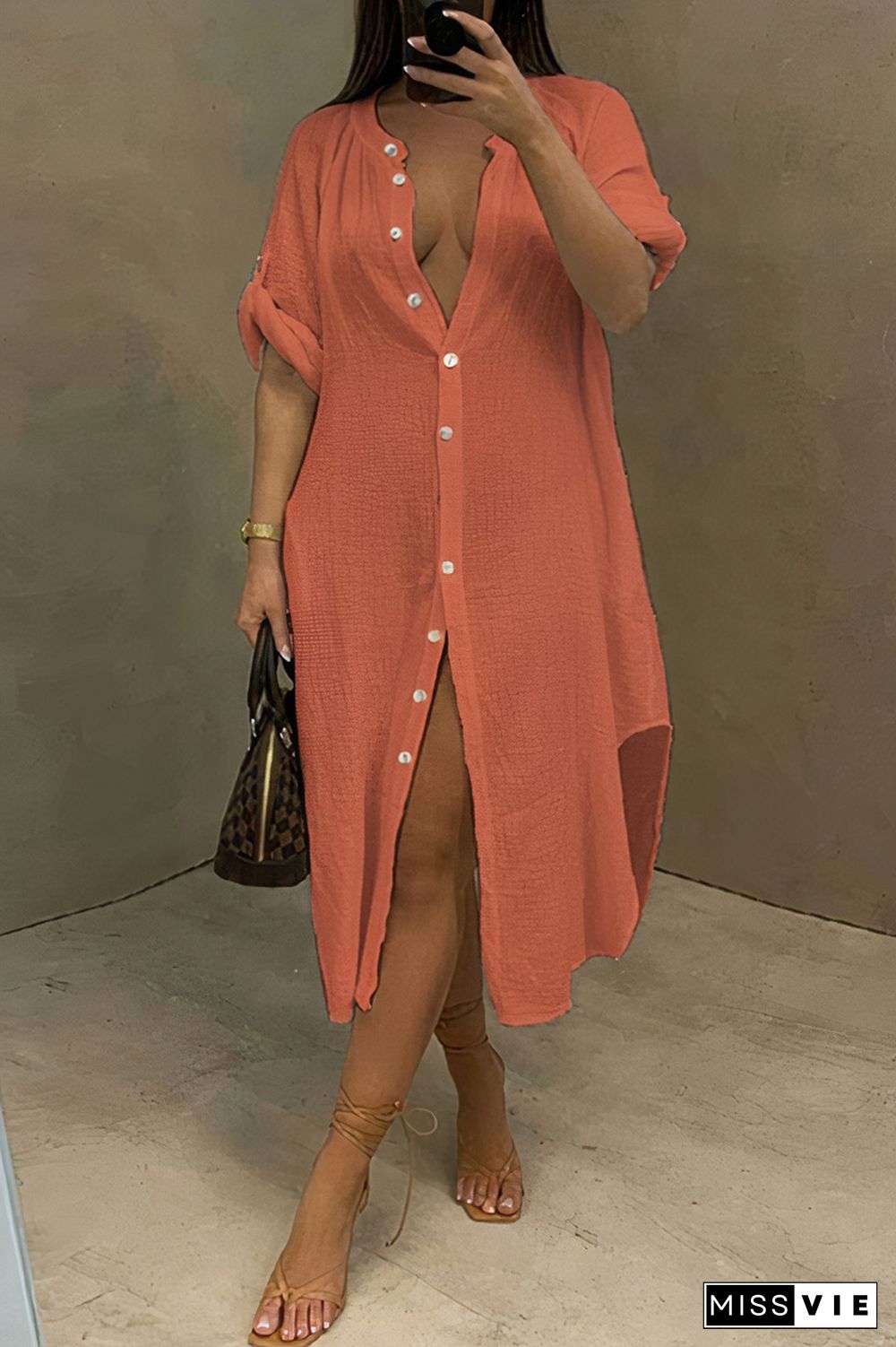 Button Up Curved Hem Midi Shirt Dress