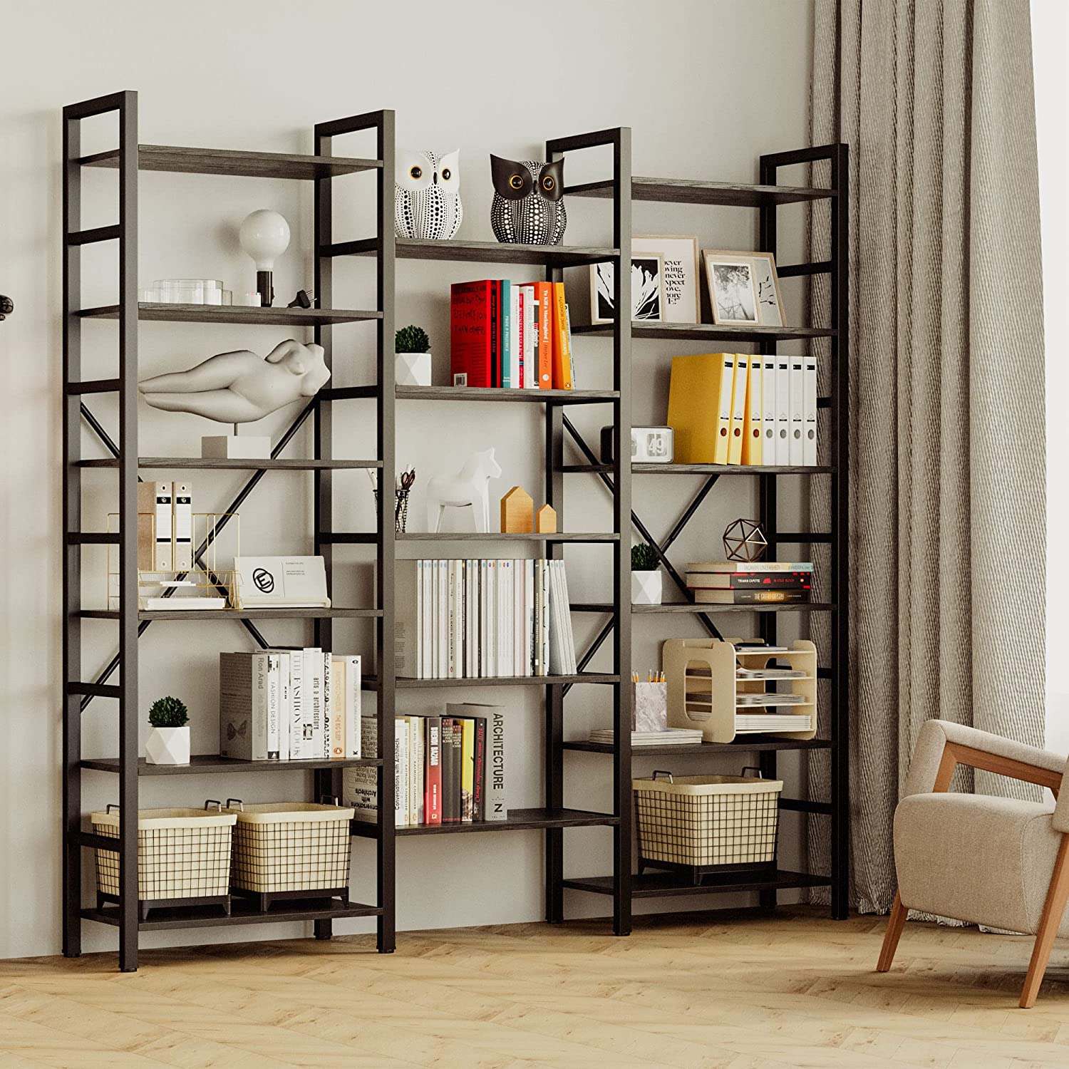 Triple Wide 6 Tiers Industrial Bookshelf, Large Etagere Bookcases and Bookshelves Open Display Shelves with Metal Frame