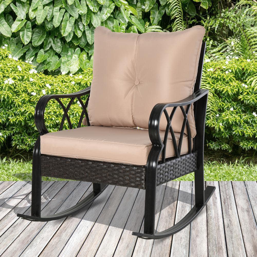 Outsunny Black Aluminum Outdoor Rocking Chair with Beige Cushion and WeatherResistant Materials