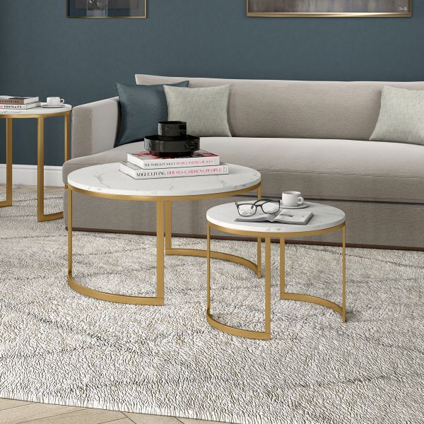 Mitera Round Nested Coffee Table with Faux Marble Top in Brass/Faux Marble