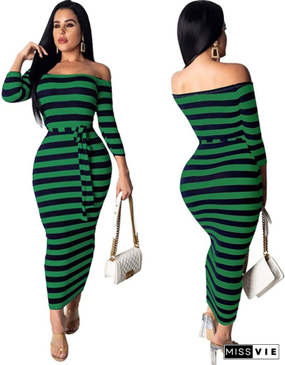 New Women's Fashion Off Shoulder Long Sleeve Midi Skirt Slim Stripe Party Dress Bodycon Dress