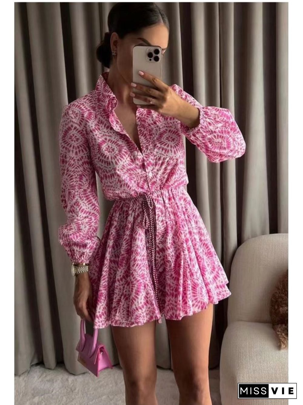 Fashion Women Pleated Dress Party Drawstring Dresses Long Sleeve Female Street Outfit Floral Printed Elegant Casual Summer