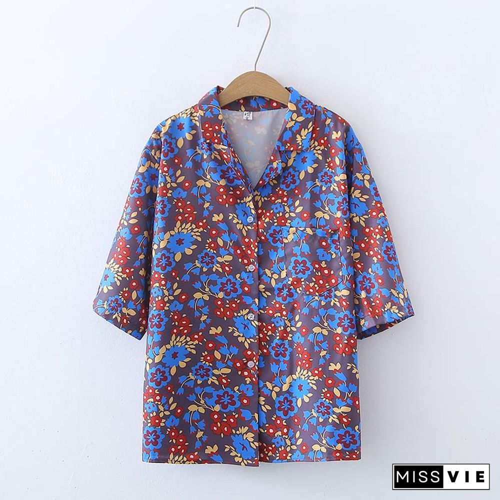 Vintage Floral Print Pocket Loose T-Shirt