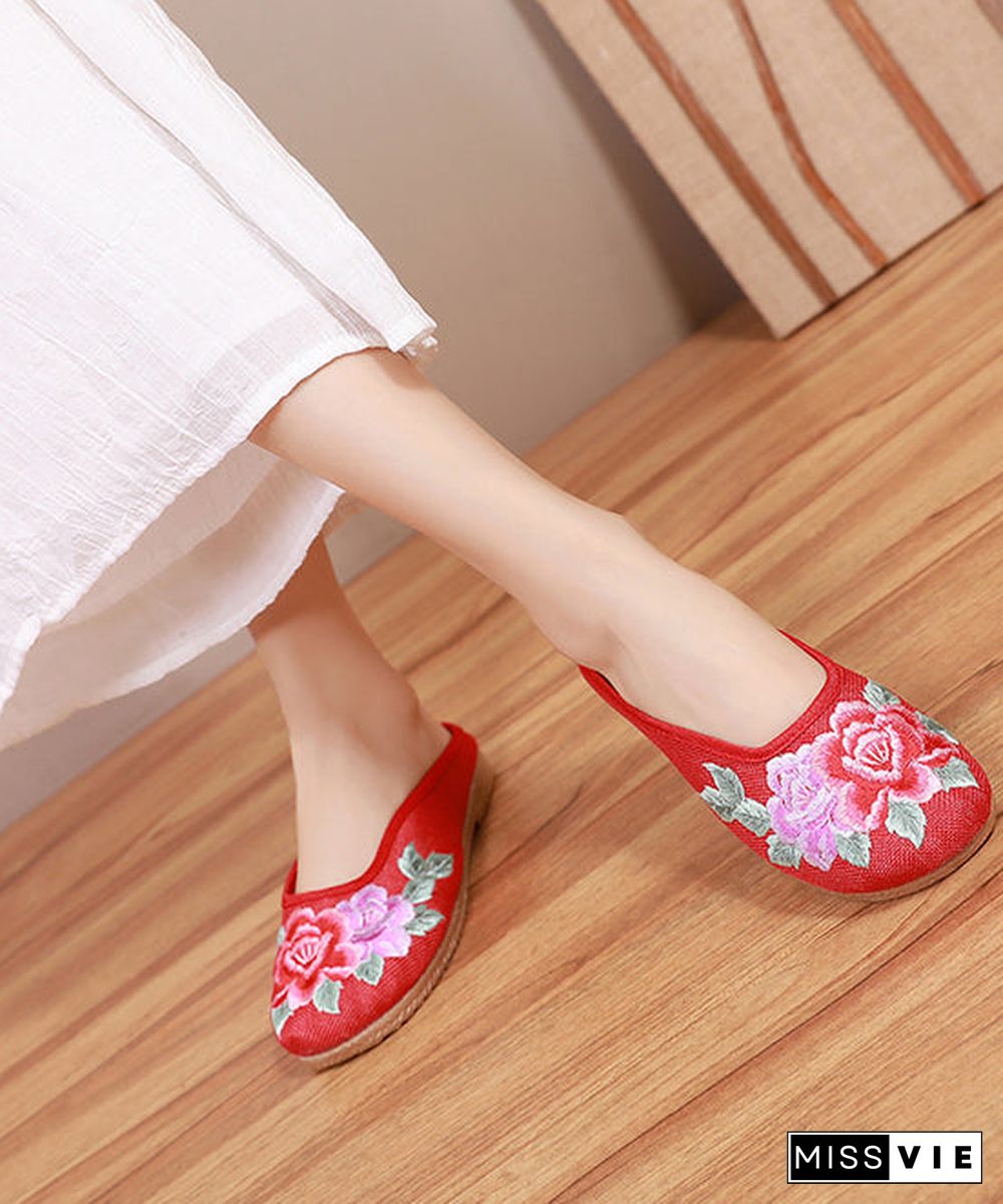 Red Slide Sandals Floral Embroideried Linen Fabric Slides For Women