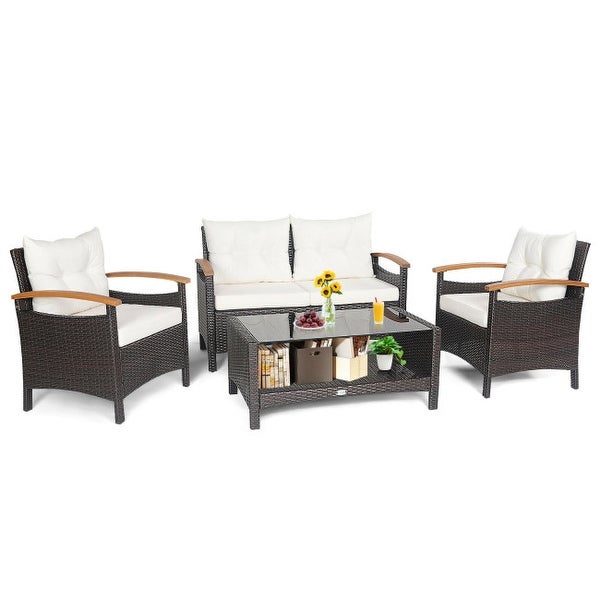 4 Pieces Patio Rattan Furniture Set with Cushioned Sofa and Storage Table - 46.5