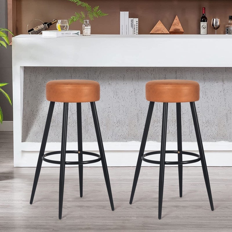 Adeco Set of 2 Bar Stools， Round Counter Height Stools with Footrest